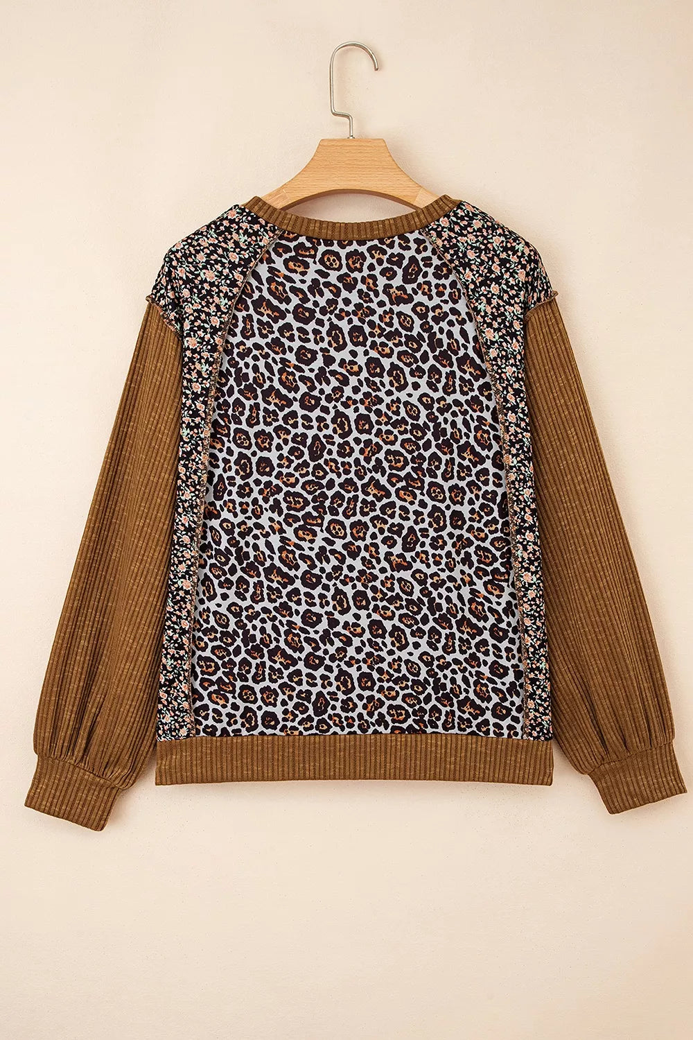 Leopard Floral Print Ribbed Puff Sleeve Patchwork Loose Sweatshirt