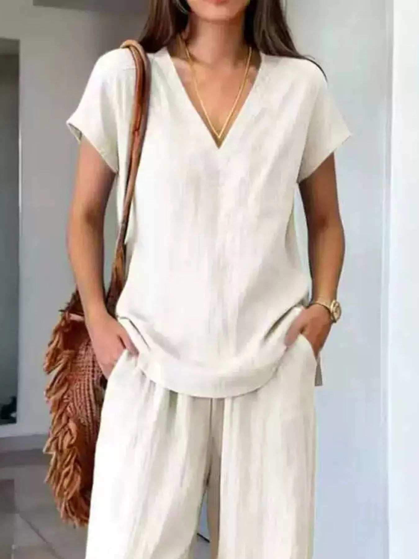 Full Size V-Neck Short Sleeve Top and Pants Set Plus Size