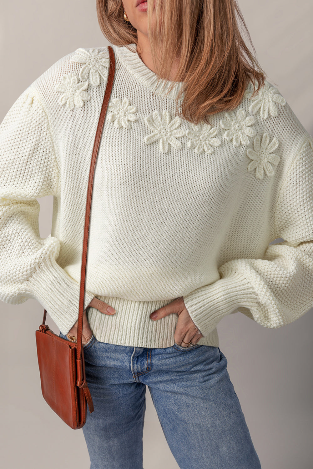 Floral Textured Puff Sleeve Round Neck Sweater