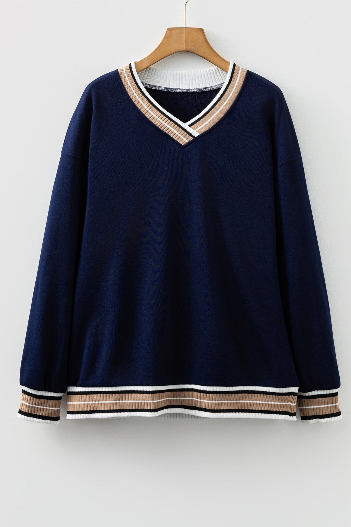 Varsity Contrast Stripe Trim V-Neck Sweatshirt