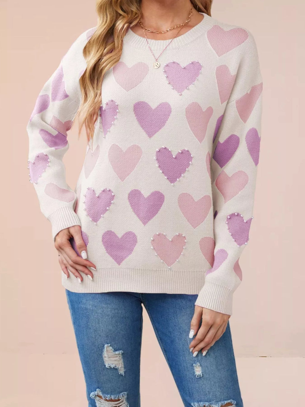 Heart Pattern Pearl Embellishments Sweater