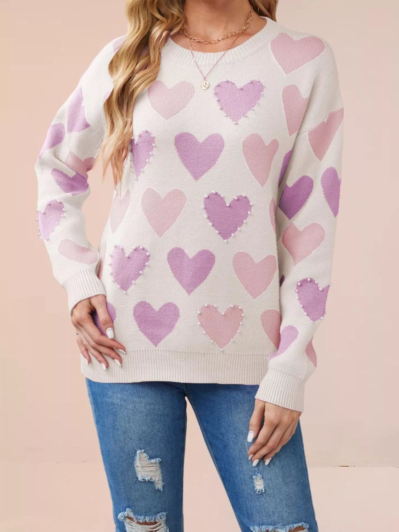 Heart Pattern Pearl Embellishments Sweater