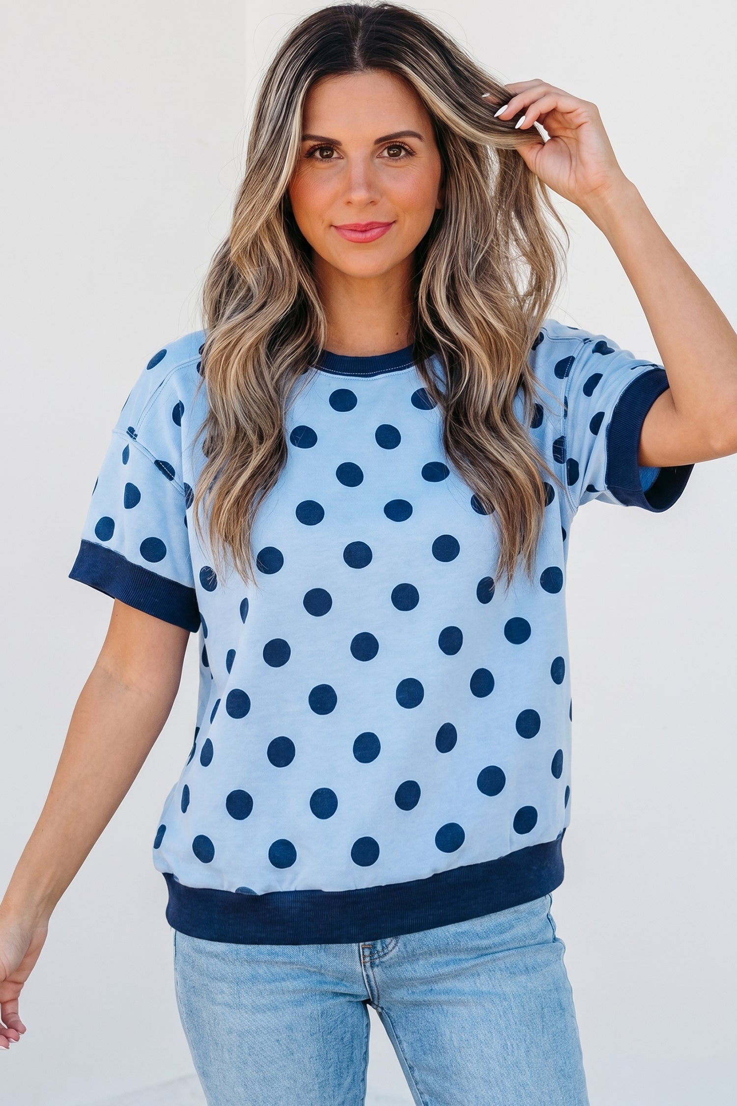 Blue Color Block Trim Polka Dot Casual Tee