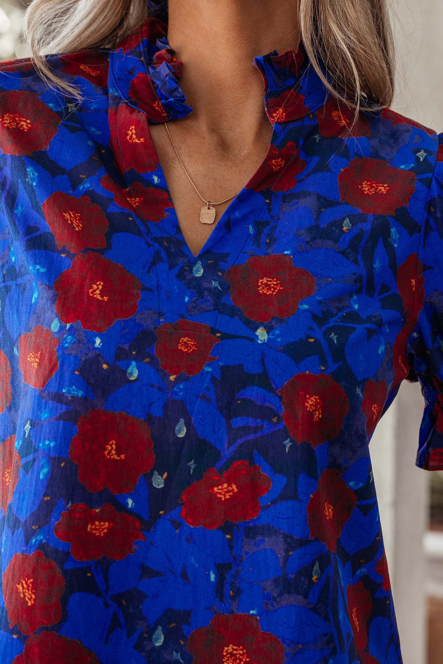 Blue Ruffled Short Balloon Sleeve Frilled V Neck Floral Blouse