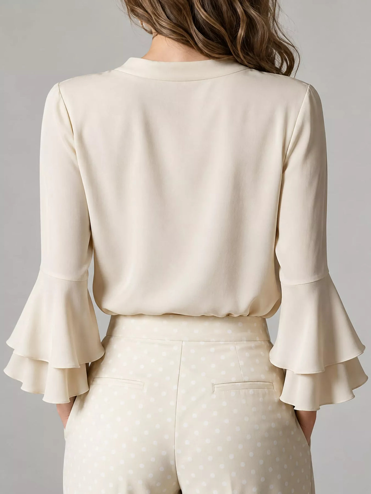 Ruffle-Trim V-Neck Blouse with Bell Sleeves