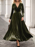 Plus Size V-Neck Long Sleeve Velvet Maxi Dress