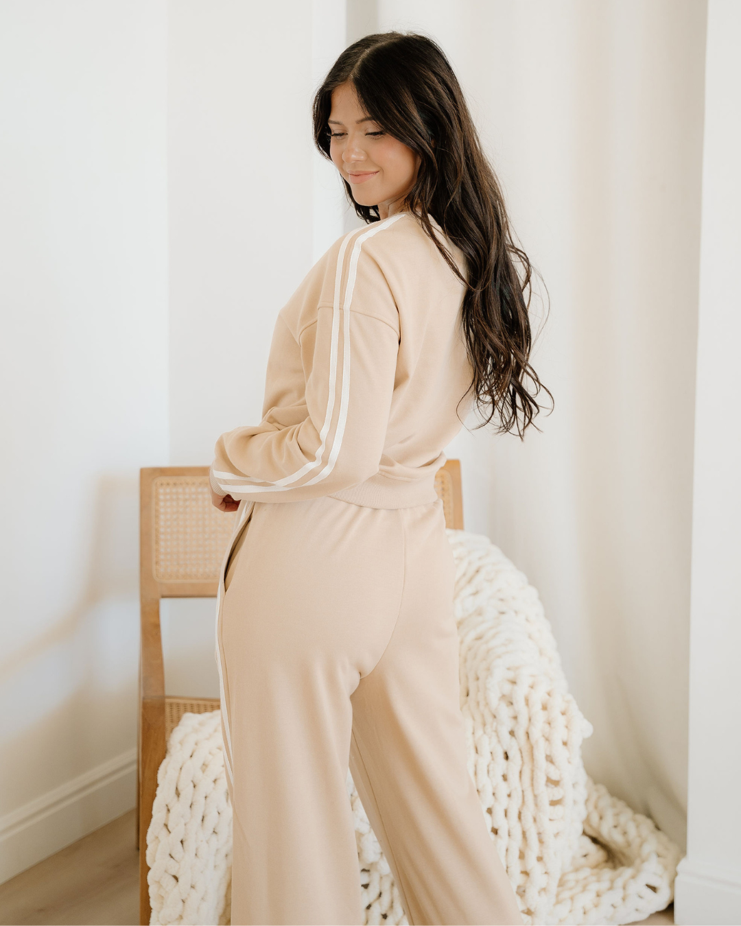 Varsity Pullover Wide Leg Pants 2pcs Outfit - Oatmeal