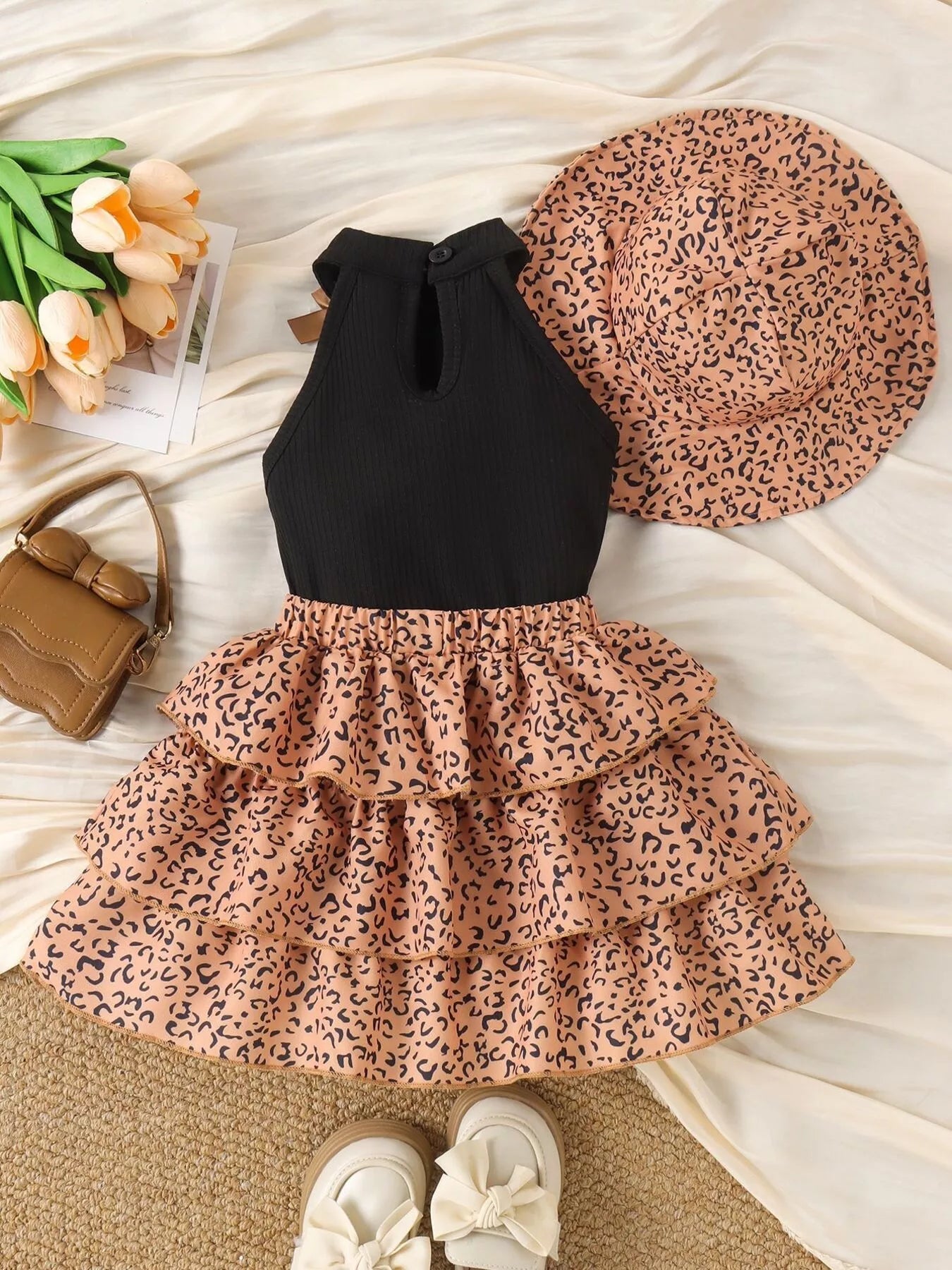 Children's Halter Top and Leopard Print Ruffled Skirt Set with Hat