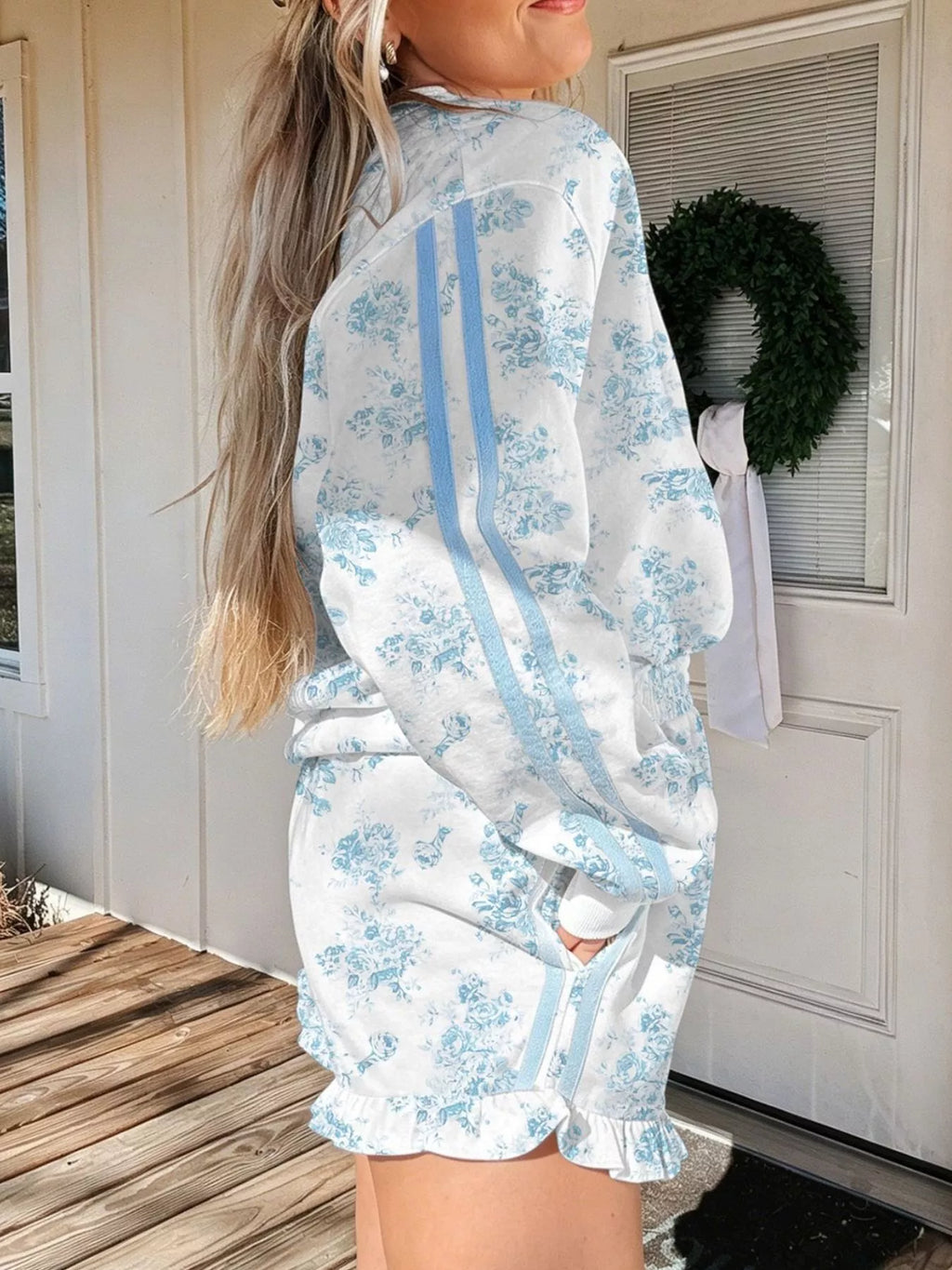Floral Print Long Sleeve Sweatshirt and Shorts Set