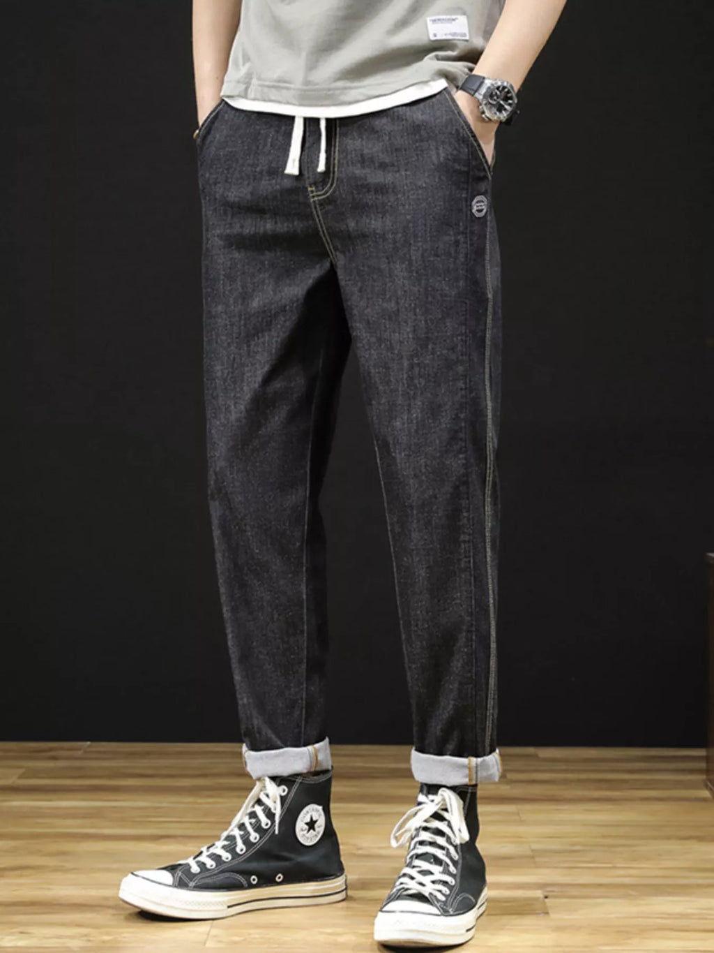 Men's Plus Size Drawstring Straight Leg Jeans