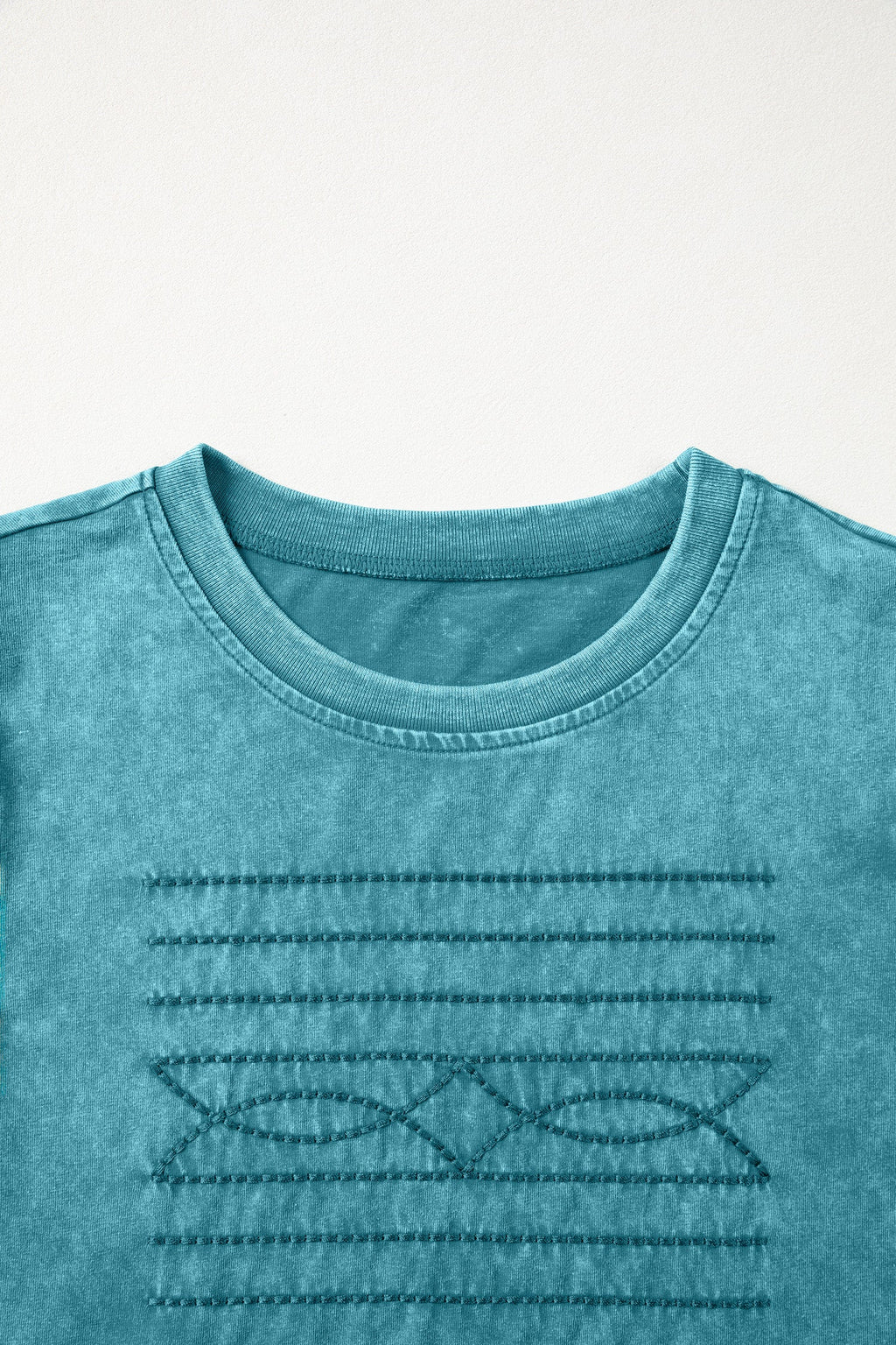 Turquoise Mineral Wash Western Embroidered Detail Short Puff Sleeve Cotton Tee