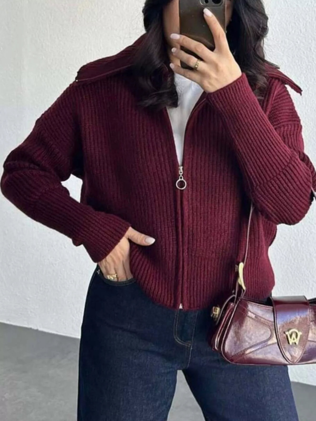 Zip Up Dropped Shoulder Cardigan