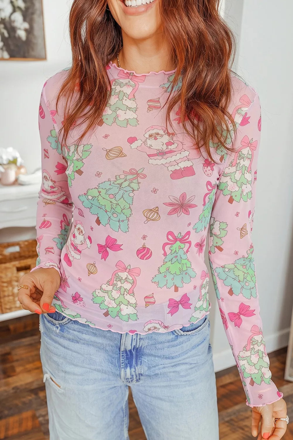 Christmas Print Sheer Mesh Slim Fit Long Sleeve Top