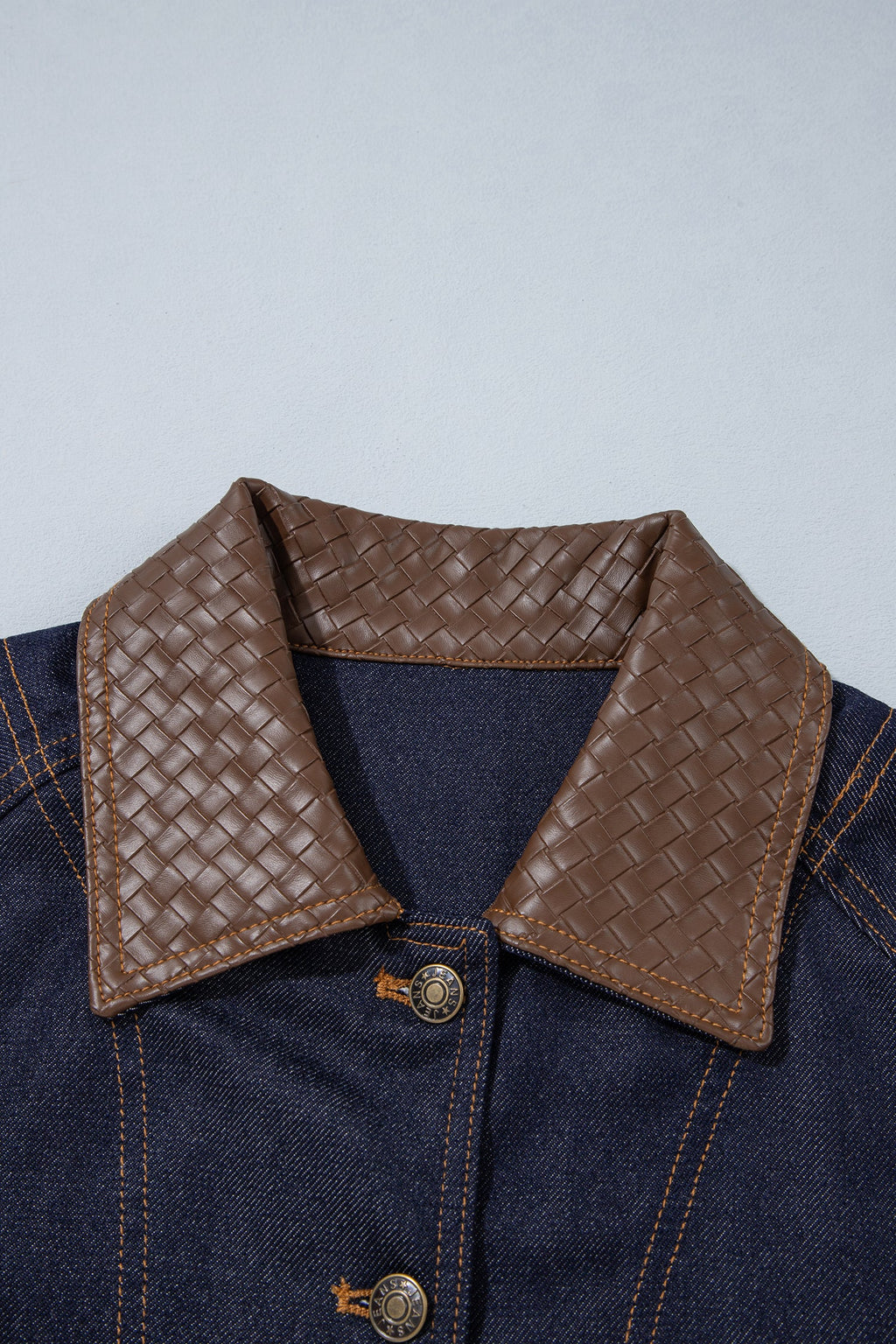Faux Leather Contrast Collar Buttoned Denim Jacket