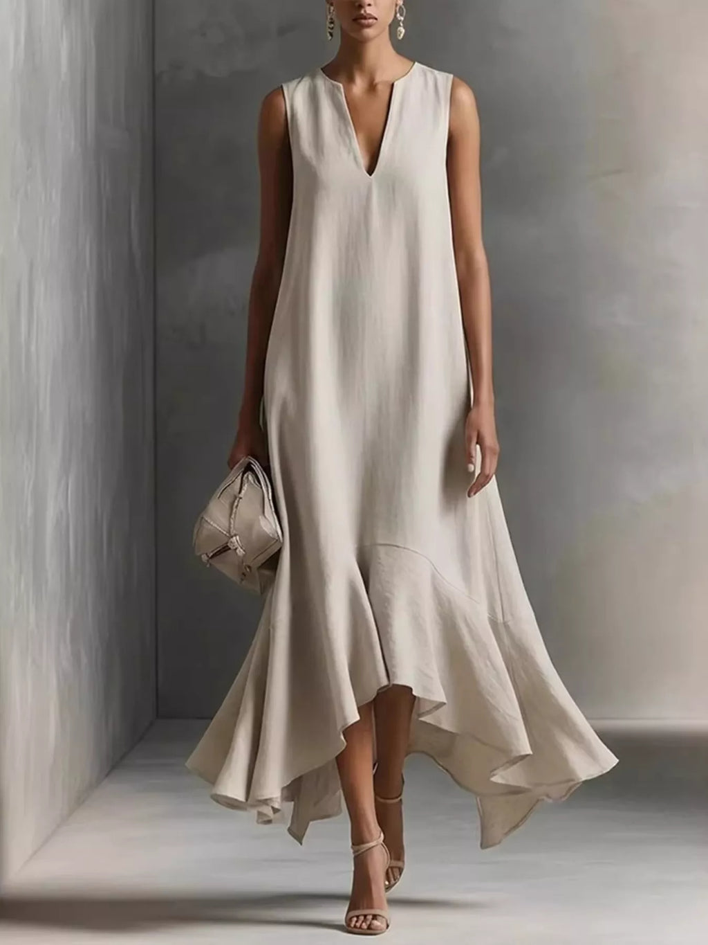 Ruffled Hem Sleeveless Notched Dress