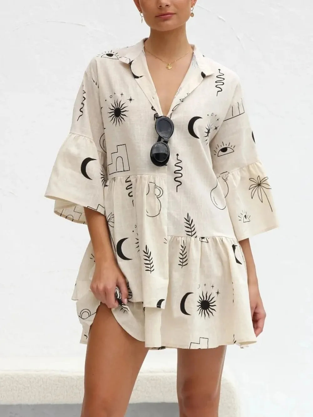 Printed Collared Neck Three-Quarter Sleeve Mini Dress