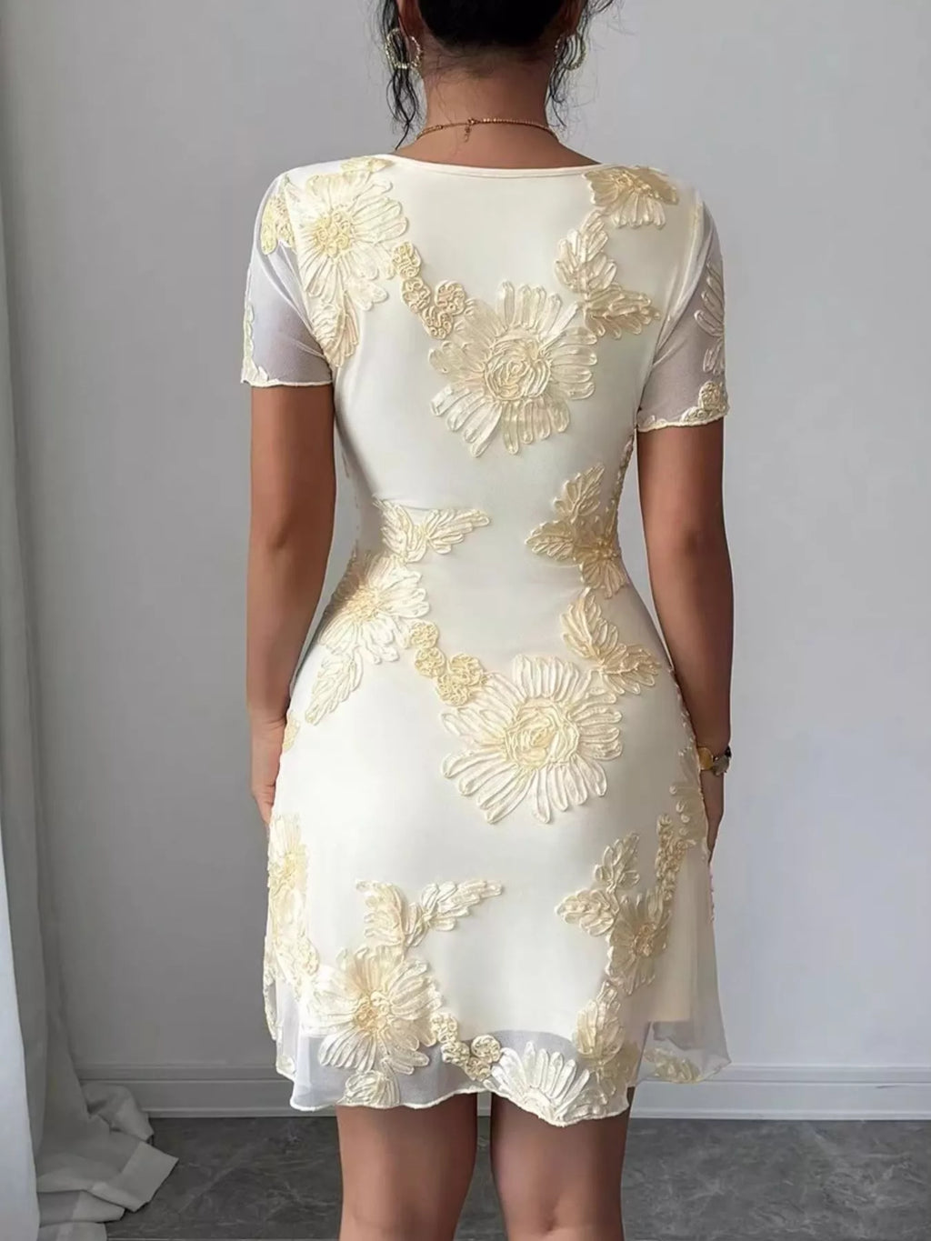 Floral Mesh Short Sleeve Mini Dress