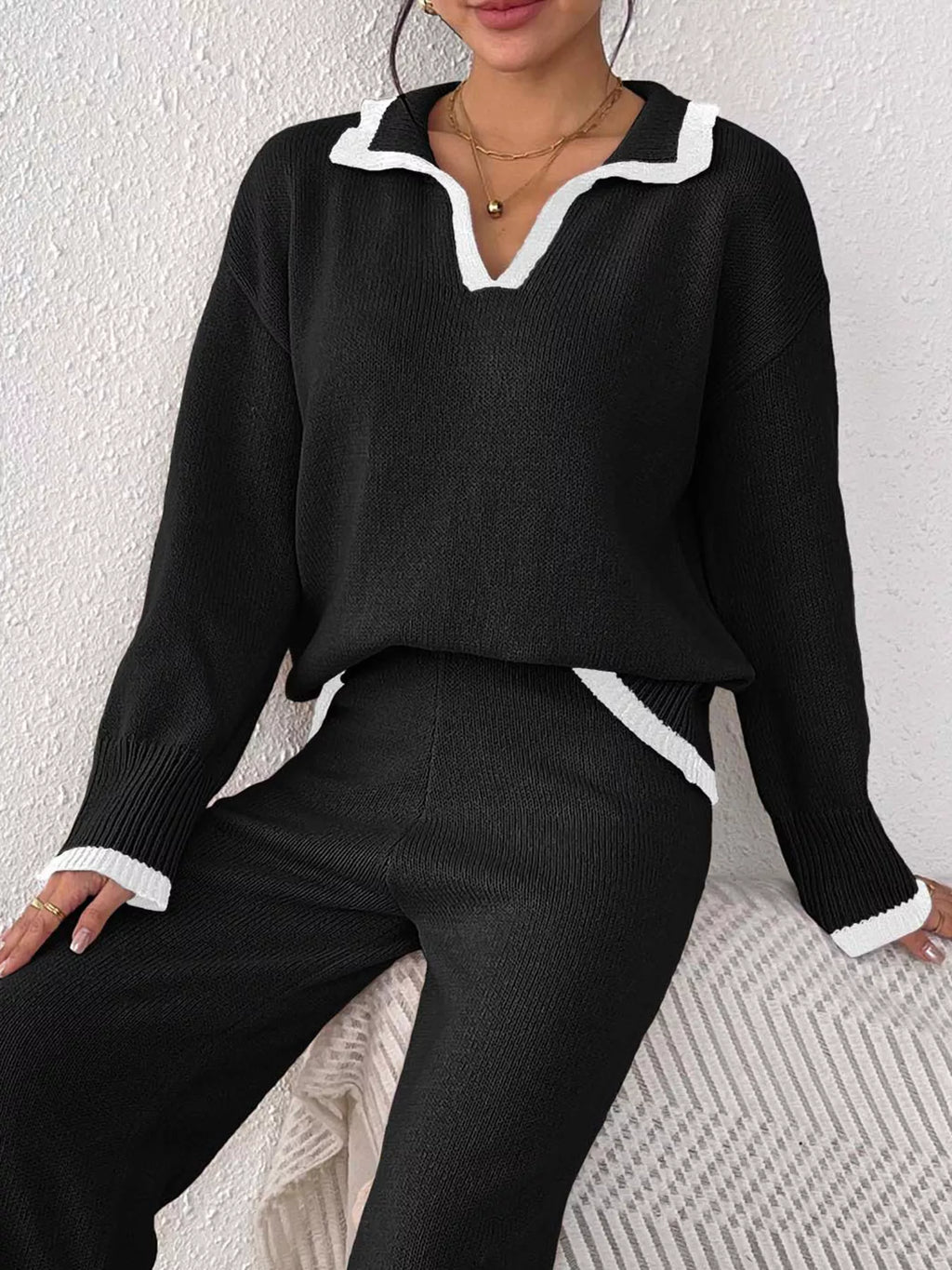 Contrast Trim Polo Collar Sweater