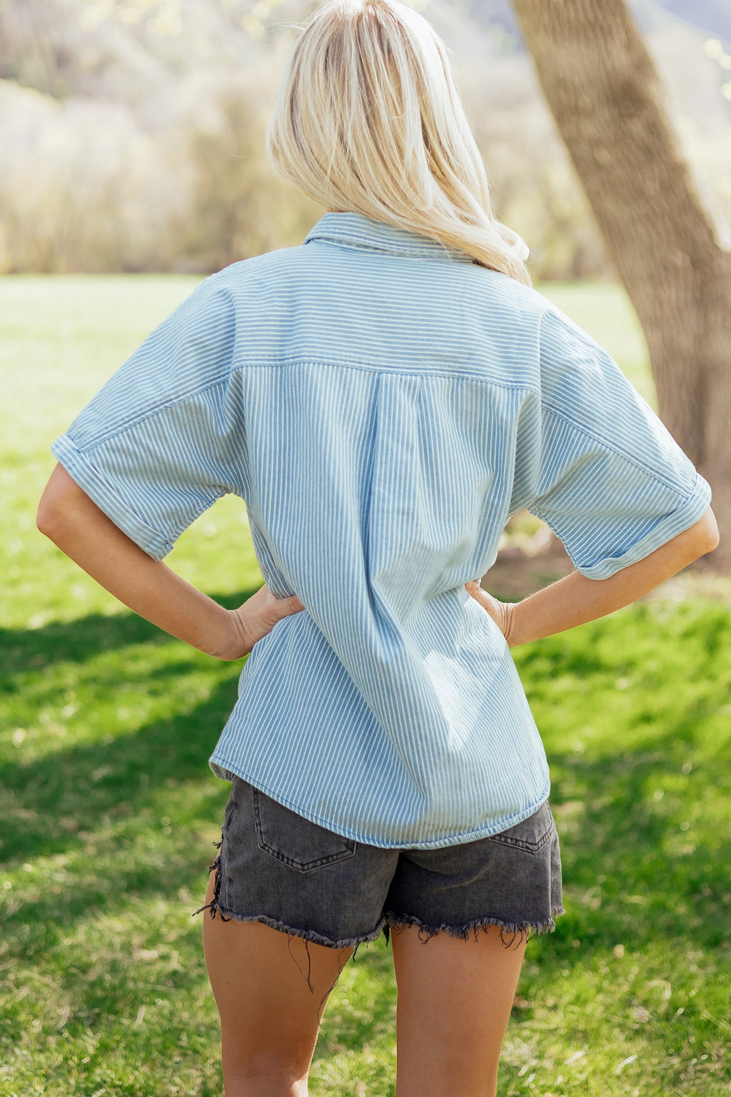 Sky Blue Stripe Cuffed Short Sleeve Button up Loose Shirt