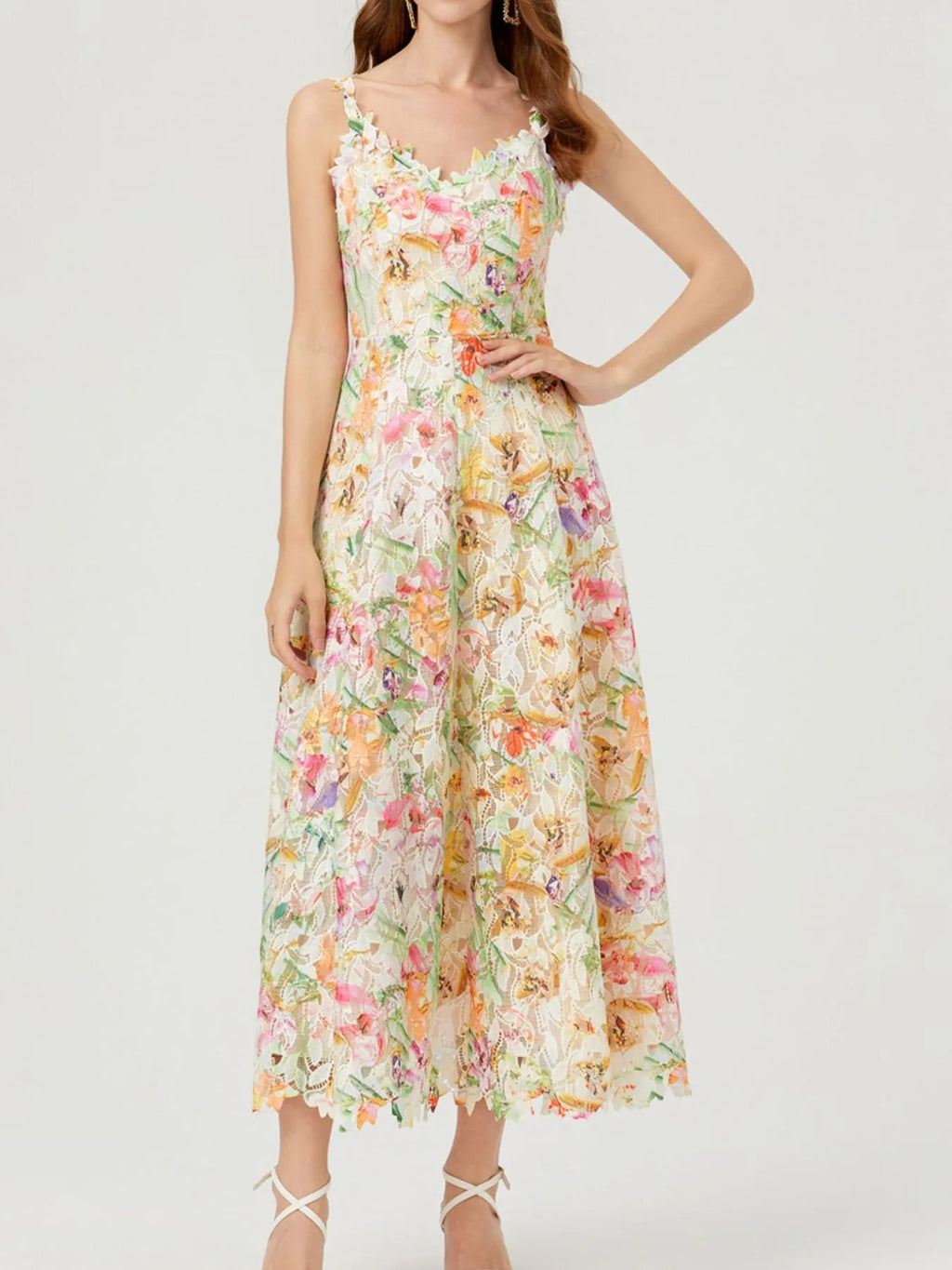 Floral Lace Sleeveless V-Neck Midi Dress