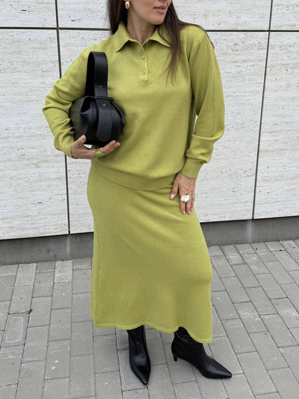 Polo Collar Top and Pants or Skirt Knit Set