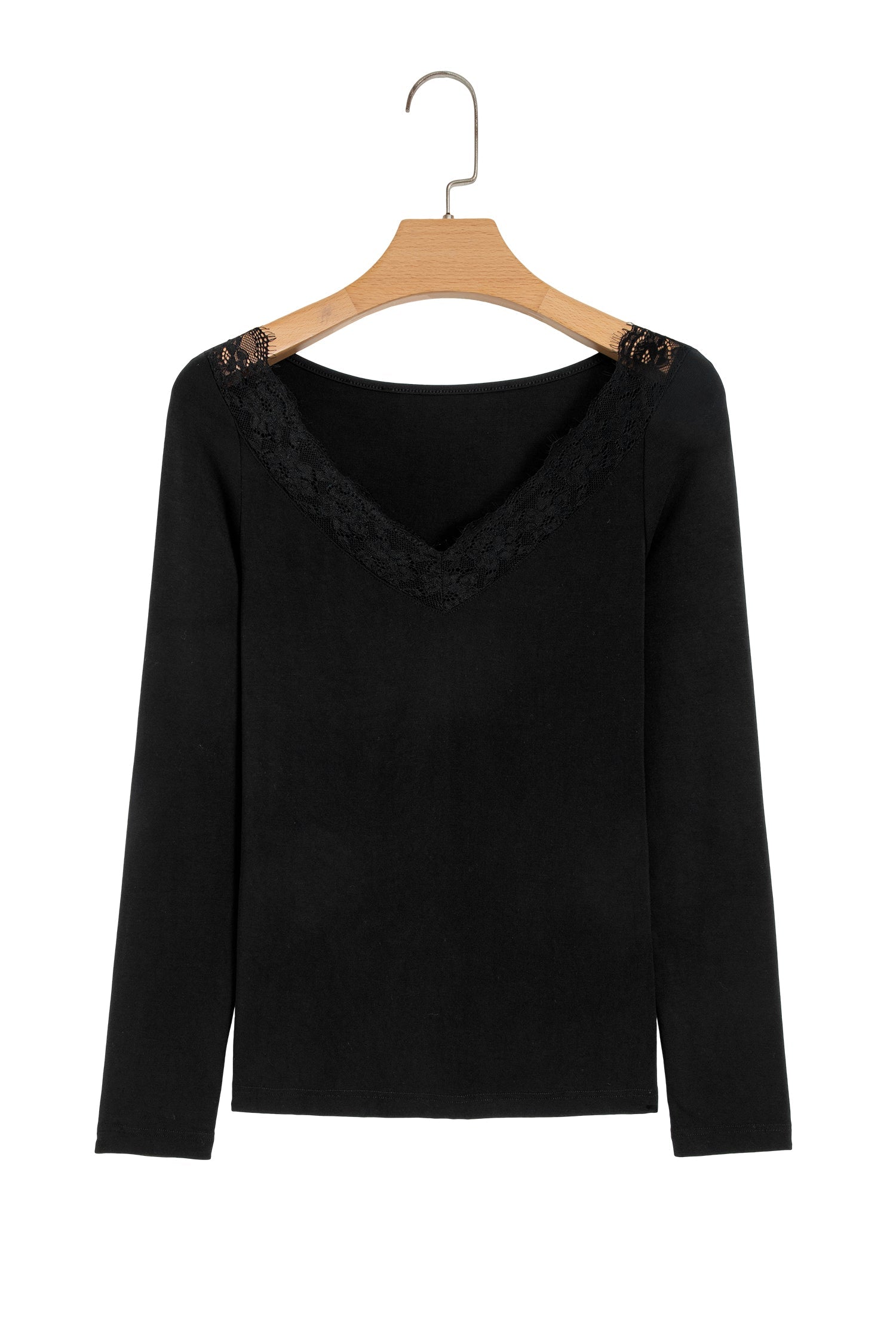 Black Lace Trim Elegant Neckline Long Sleeve Slim Top