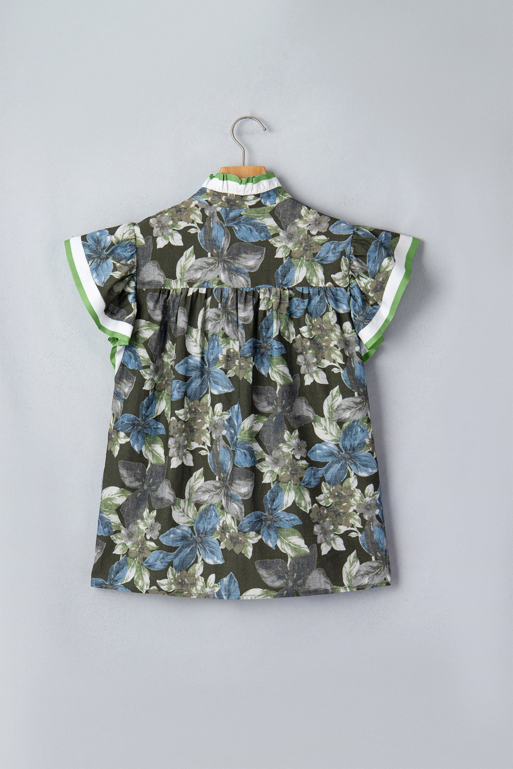 Green Ruffled Short Sleeve Floral Summer Blouse