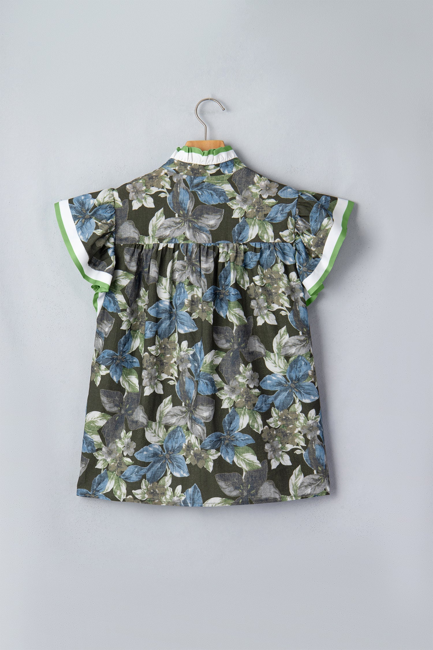 Green Ruffled Short Sleeve Floral Summer Blouse