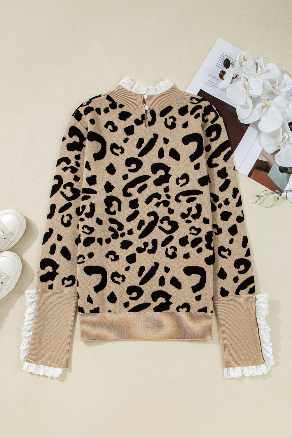 Leopard Lace Ribbed Trim Buttoned Cuff Sweater