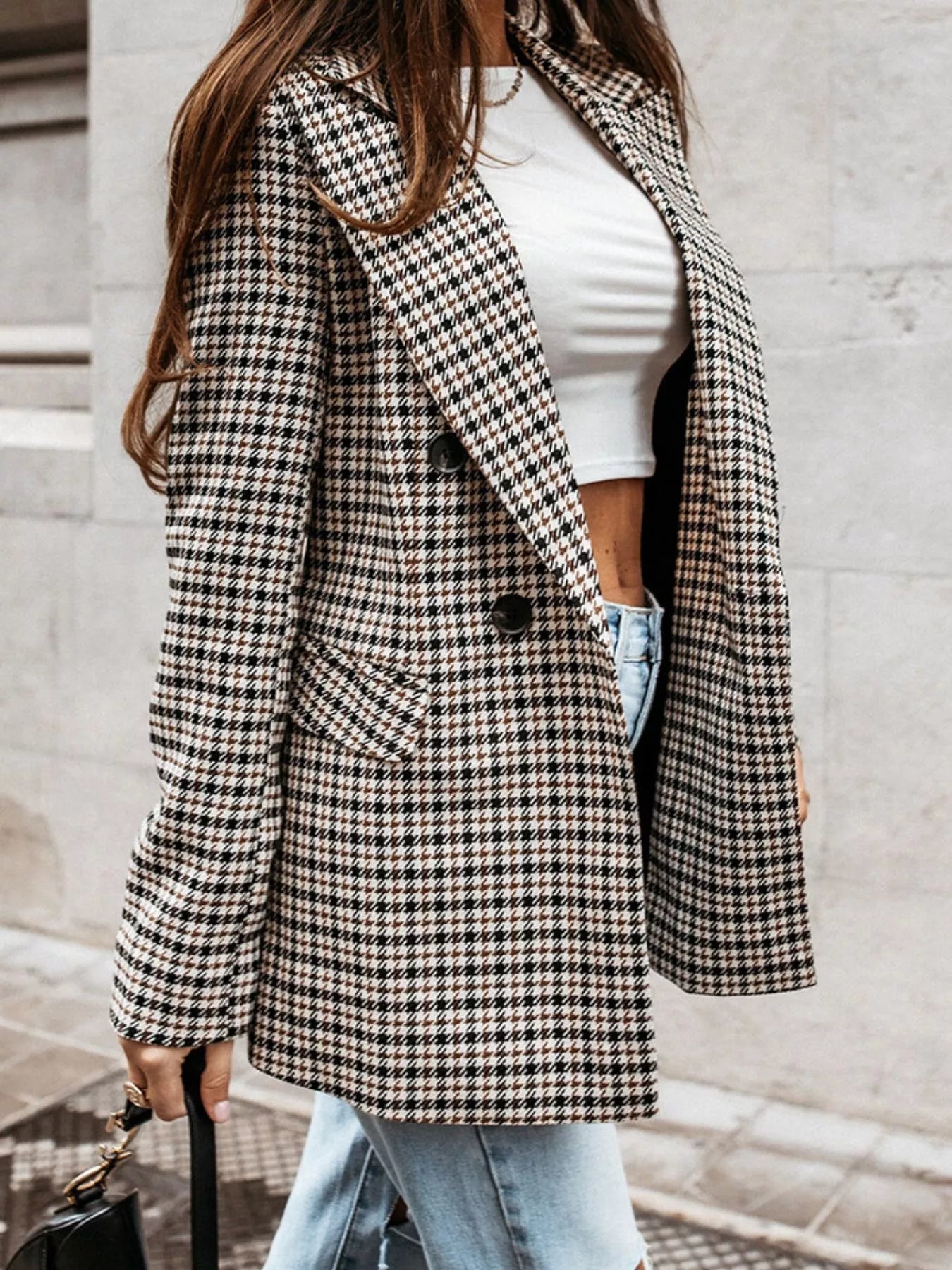 Classic Houndstooth Double-Breasted Blazer