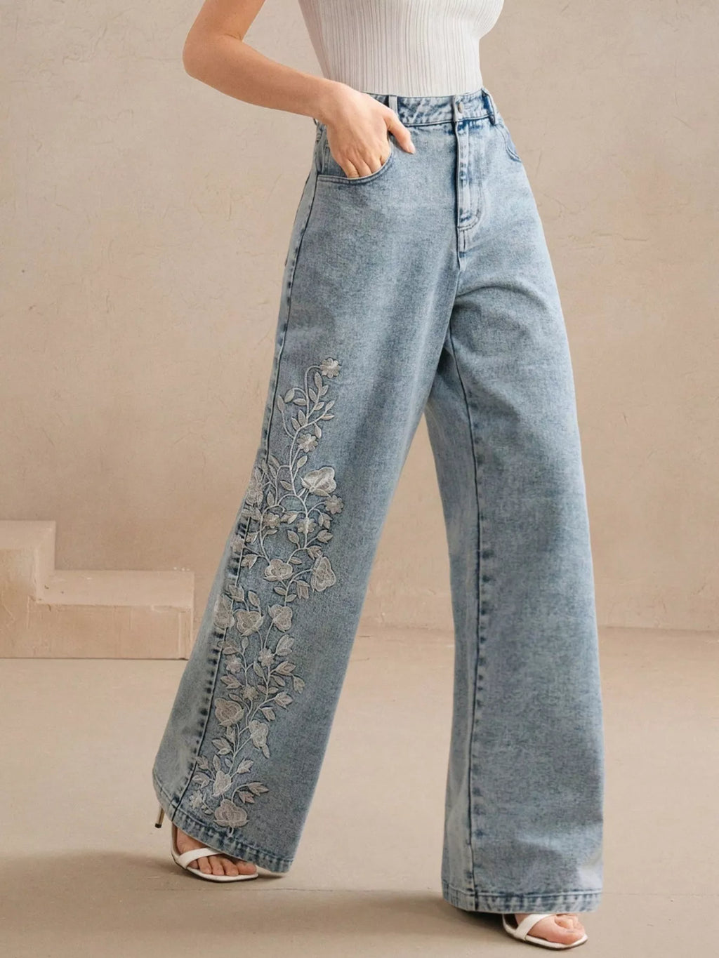 Embroidered Wide-Leg Jeans