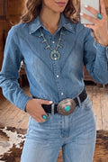 Myosotis Embroidered Western Detail Long Sleeve Collar Shirt