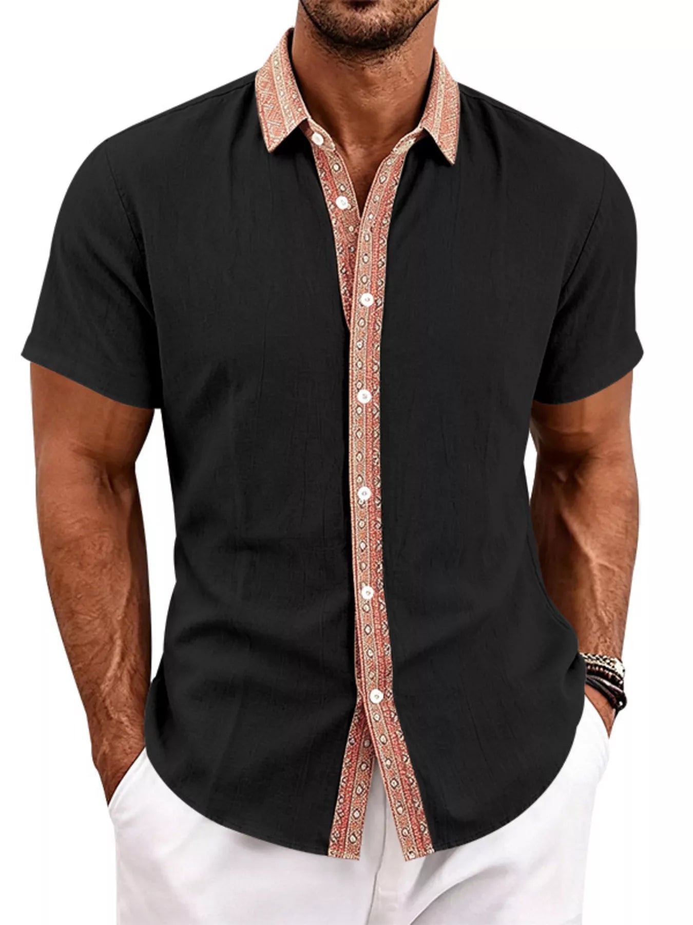 Men's Full Size Casual Short Sleeve Linen Shirt Plus Size