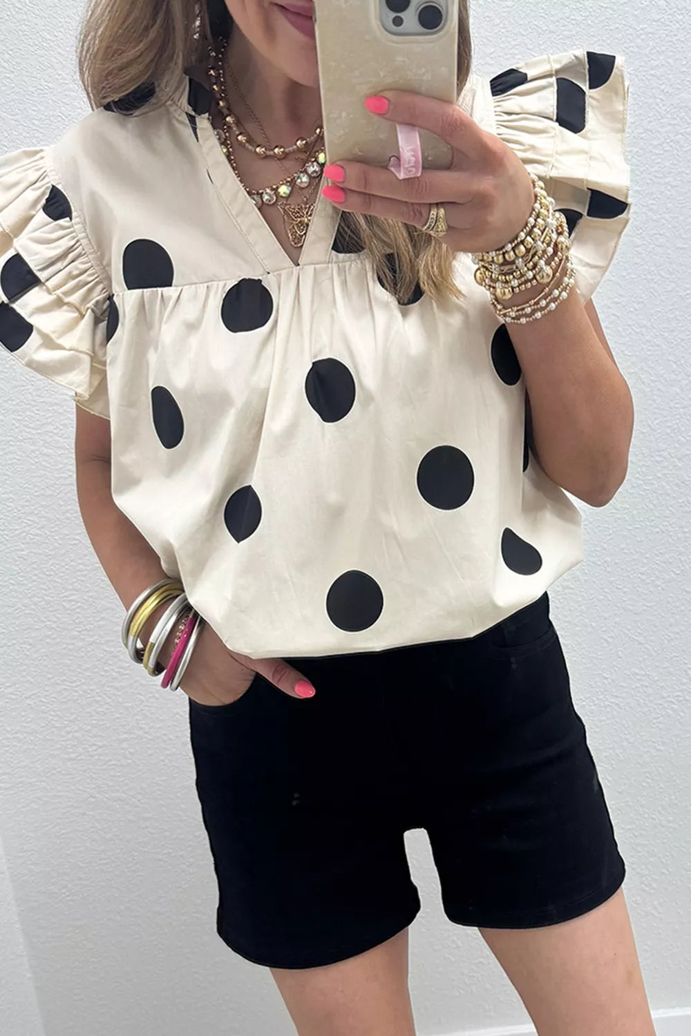 Casual Polka Dot V-Neck Ruffle Short Sleeve Blouse