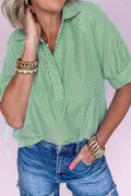 Mint Green Striped Print Collared Split Neck Half Sleeve Blouse