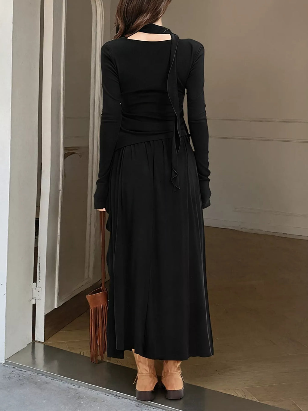 Ruffled Long Sleeve Knit Top and Maxi Skirt Set