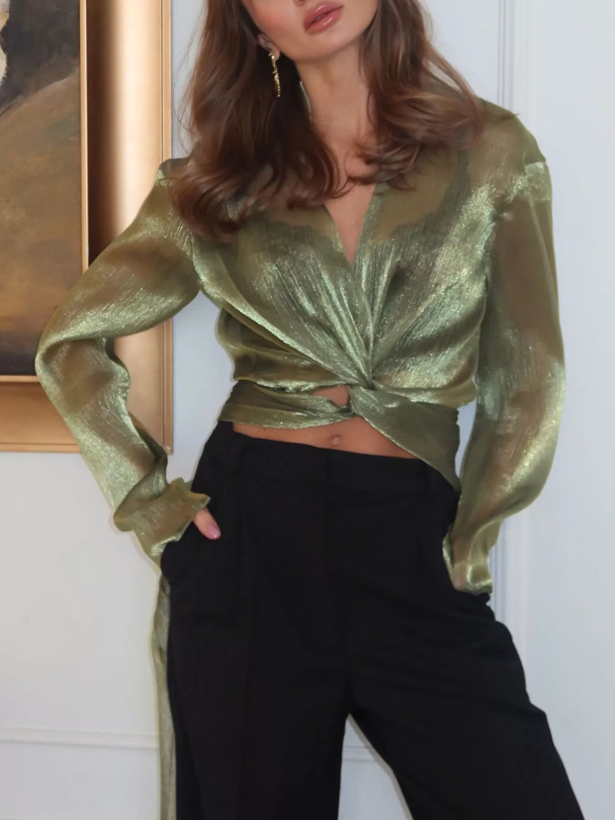 Sheer Front Tie Detail Long Sleeve Shirt