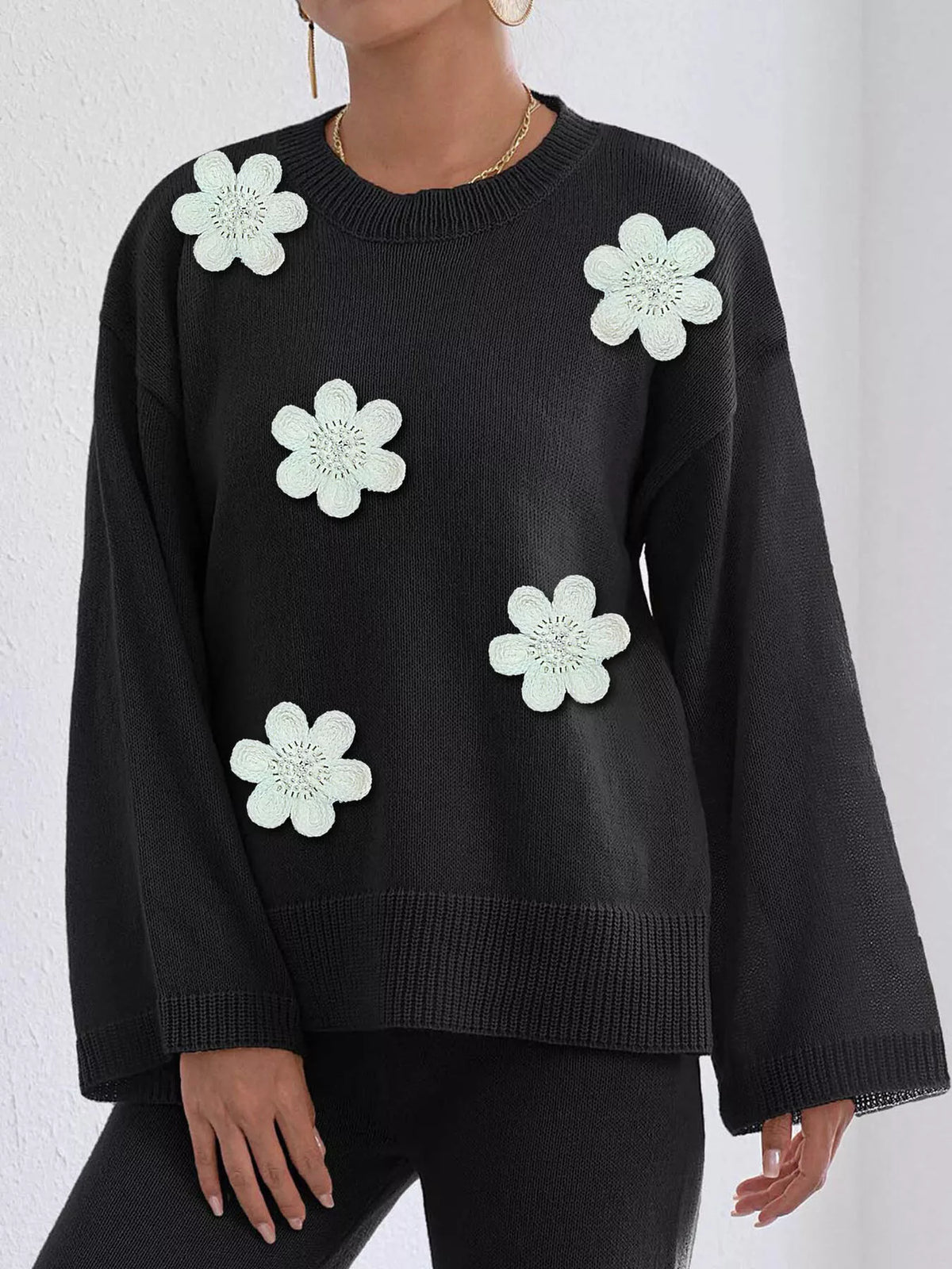 Floral Applique Crew Neck Sweater