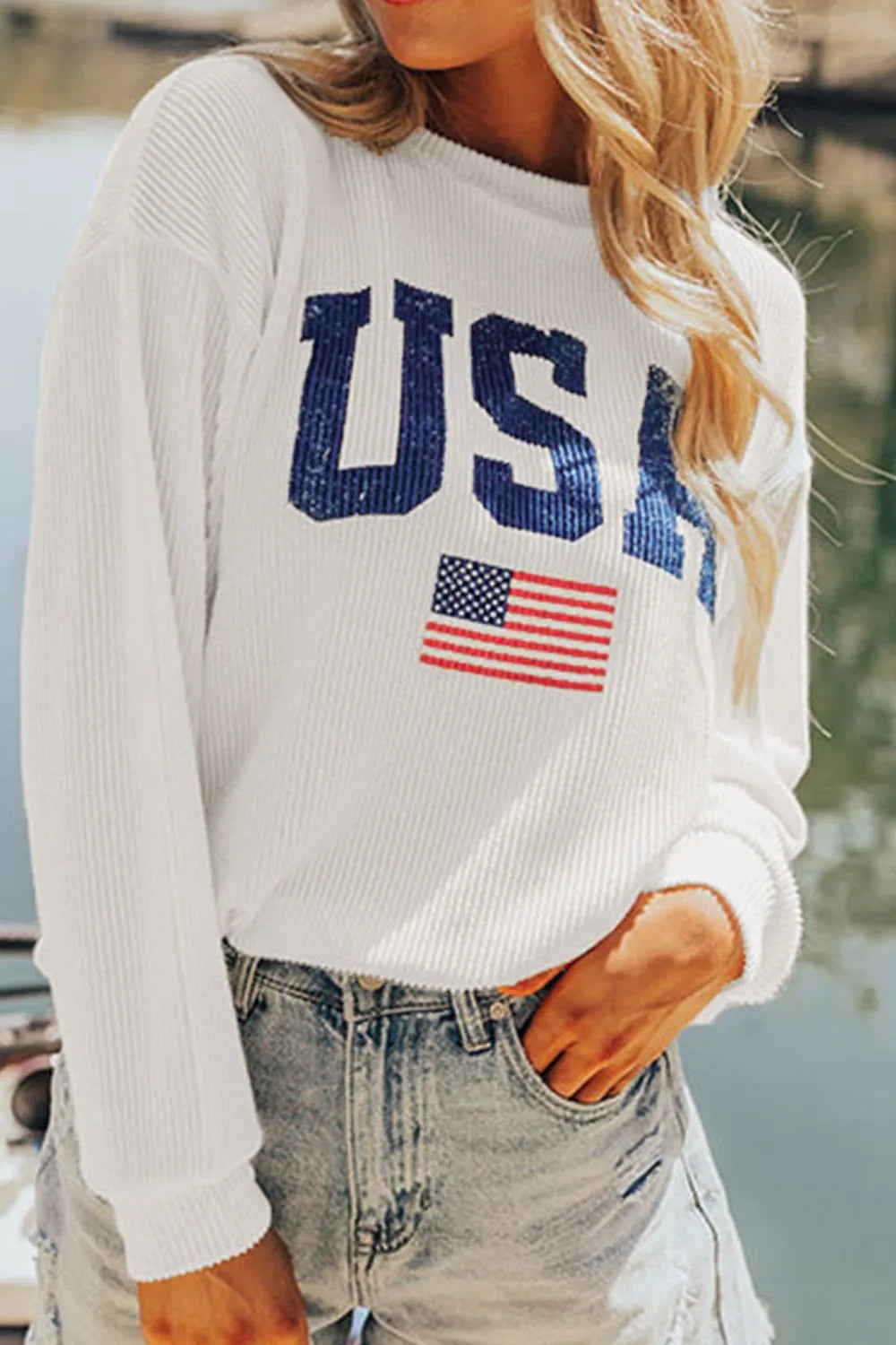 US Flag Corded Texture Long Sleeve Sweatshirt