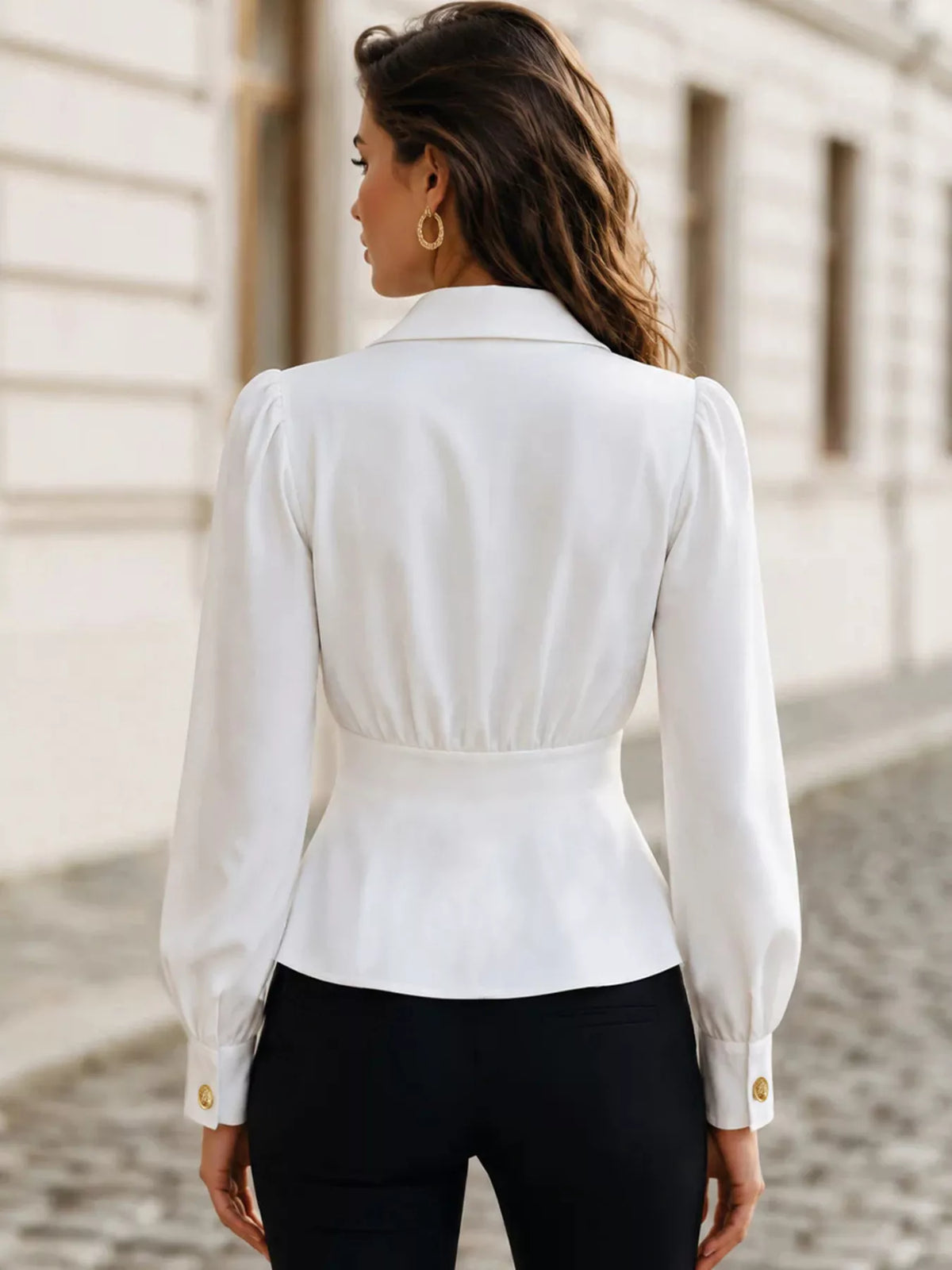 Double-Breasted Peplum Blouse with Gold Buttons