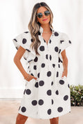 White Polka Dot Print Half Button Ruffled Short Sleeve Loose Mini Dress