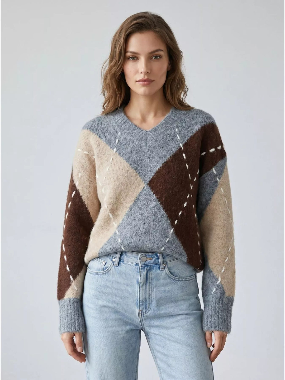 Argyle Pattern V-Neck Oversized Sweater