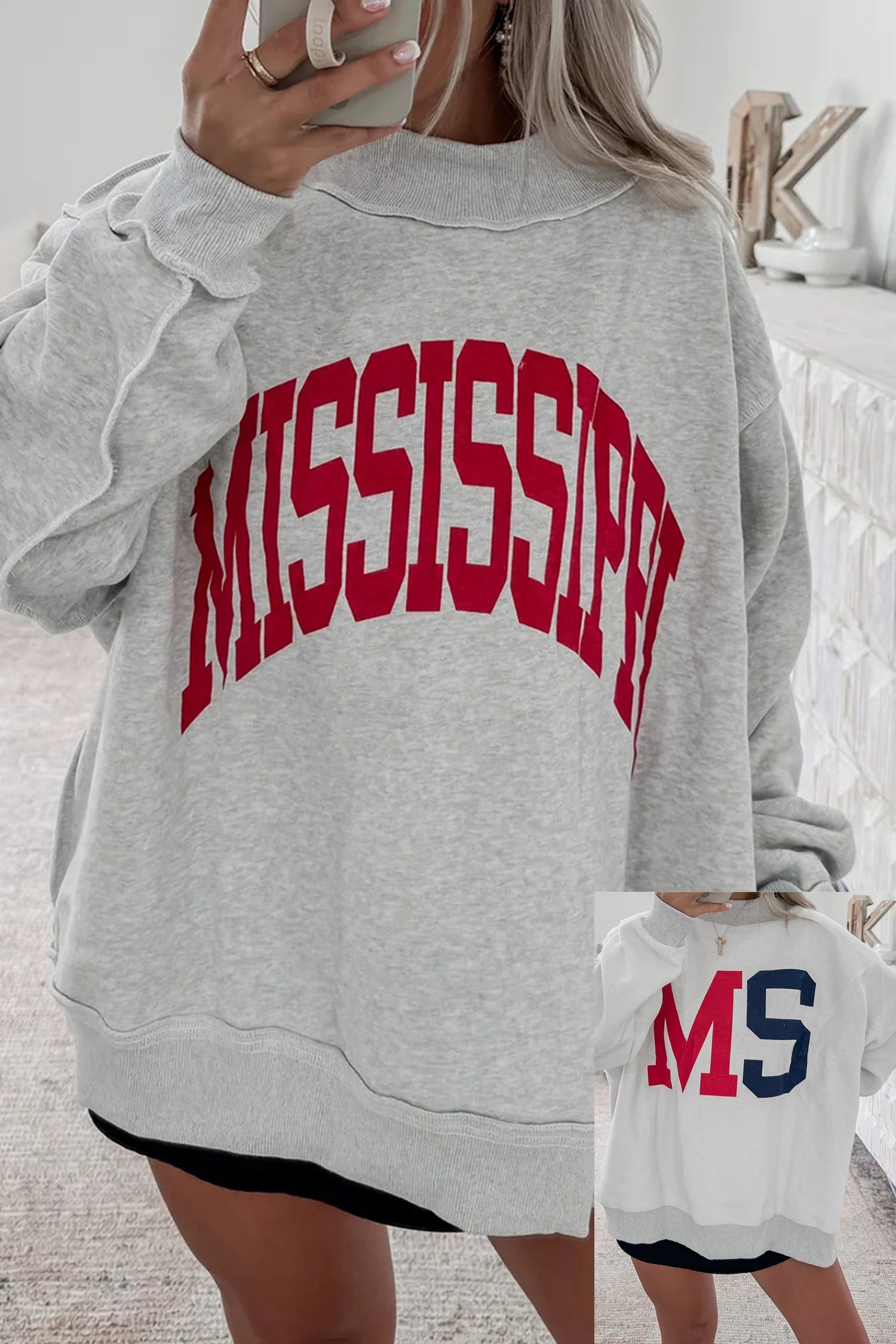 Light Grey MS Reversible Printed Ribbed Patchwork Mock Neck Sweatshirt
