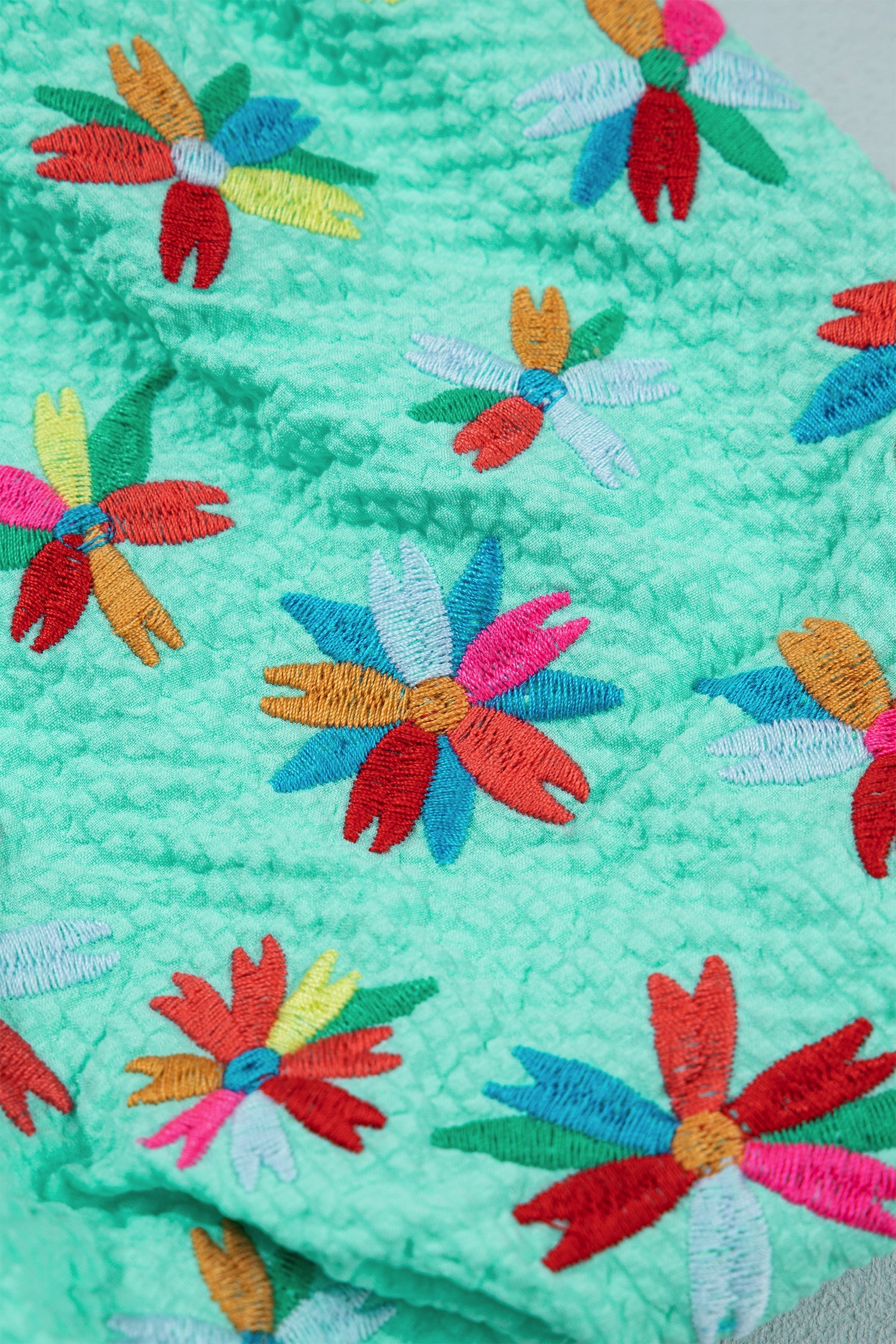 Mint Green Frilled V Neck Flower Embroidered Puff Sleeve Textured Blouse