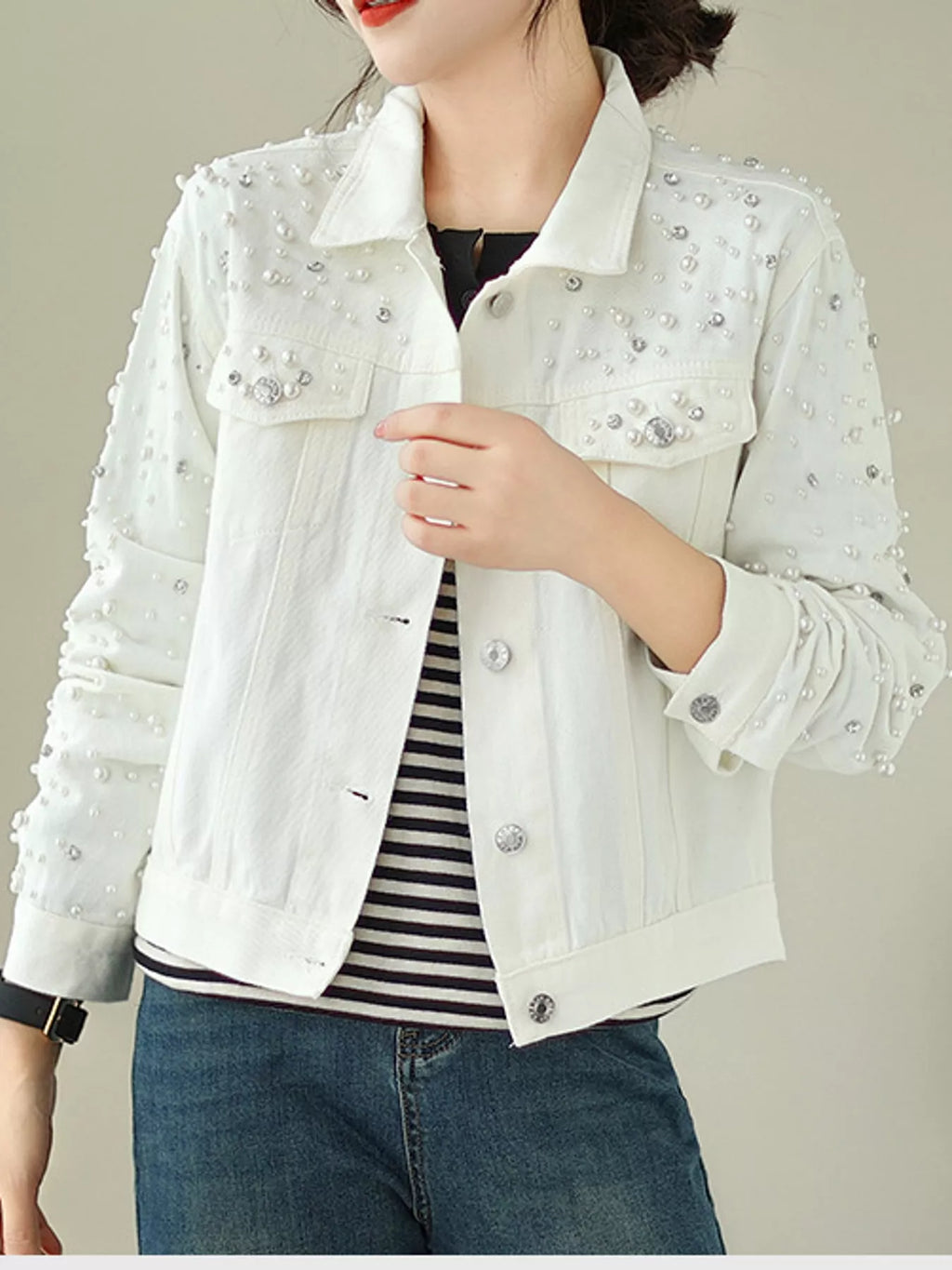 Pearl Detail Button Up Denim Jacket