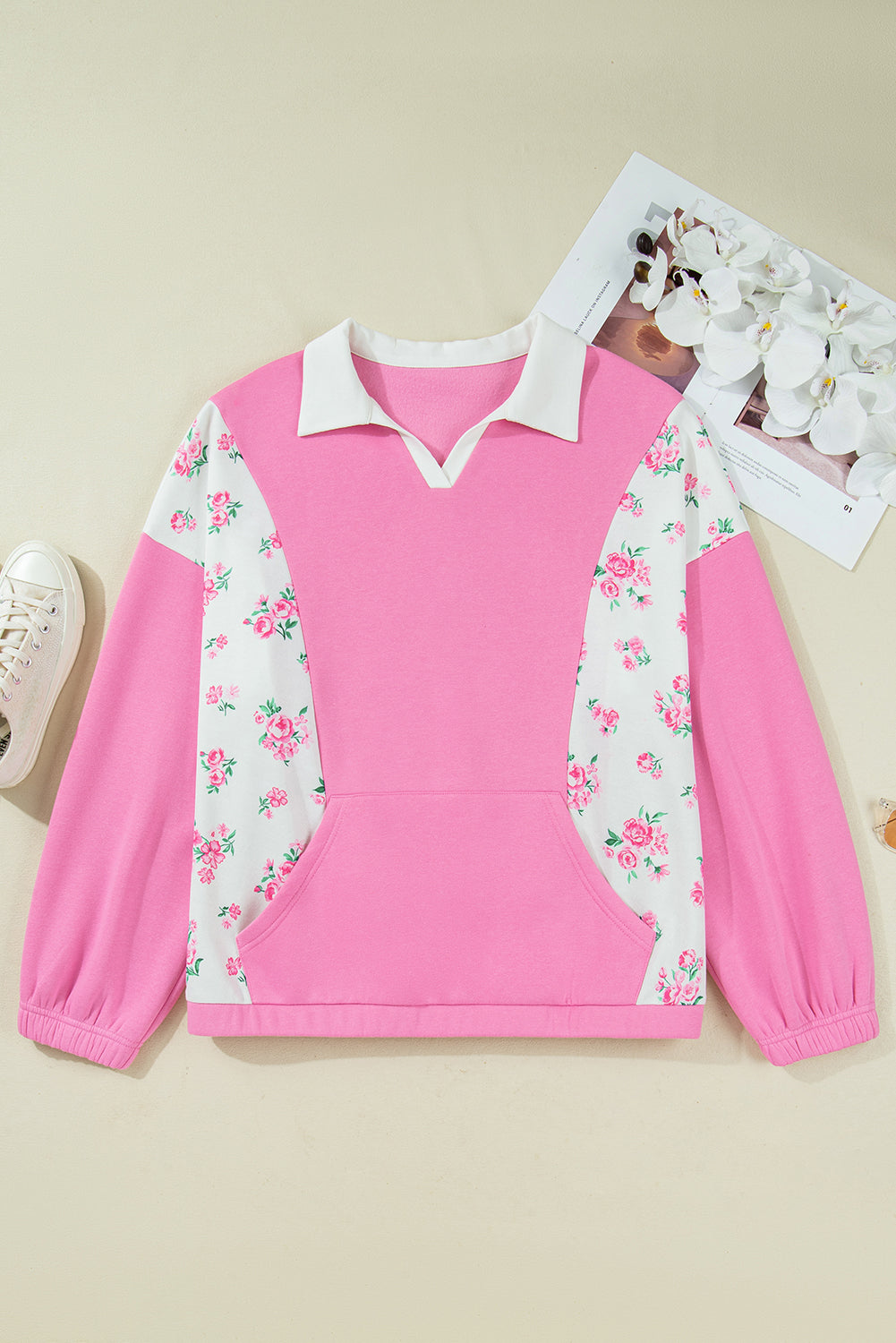 Plus Size Floral Patchwork Elastic Cuff Top