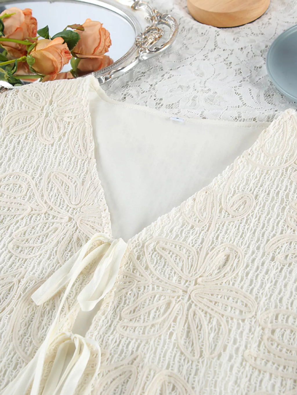 Lace Crochet Tie Front Top and Shorts Two-Piece Lounge Set
