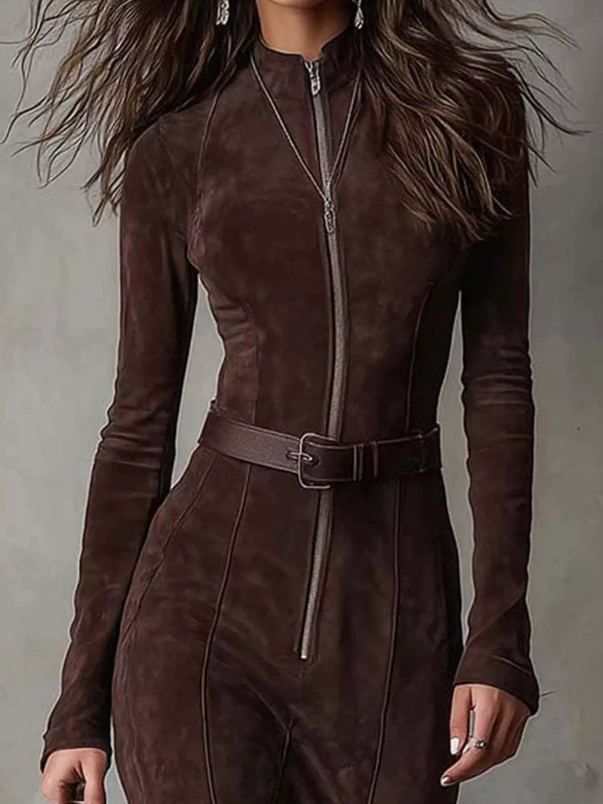 Full Size Slit Zip-Front Long Sleeve Maxi Dress with Belt Plus Size