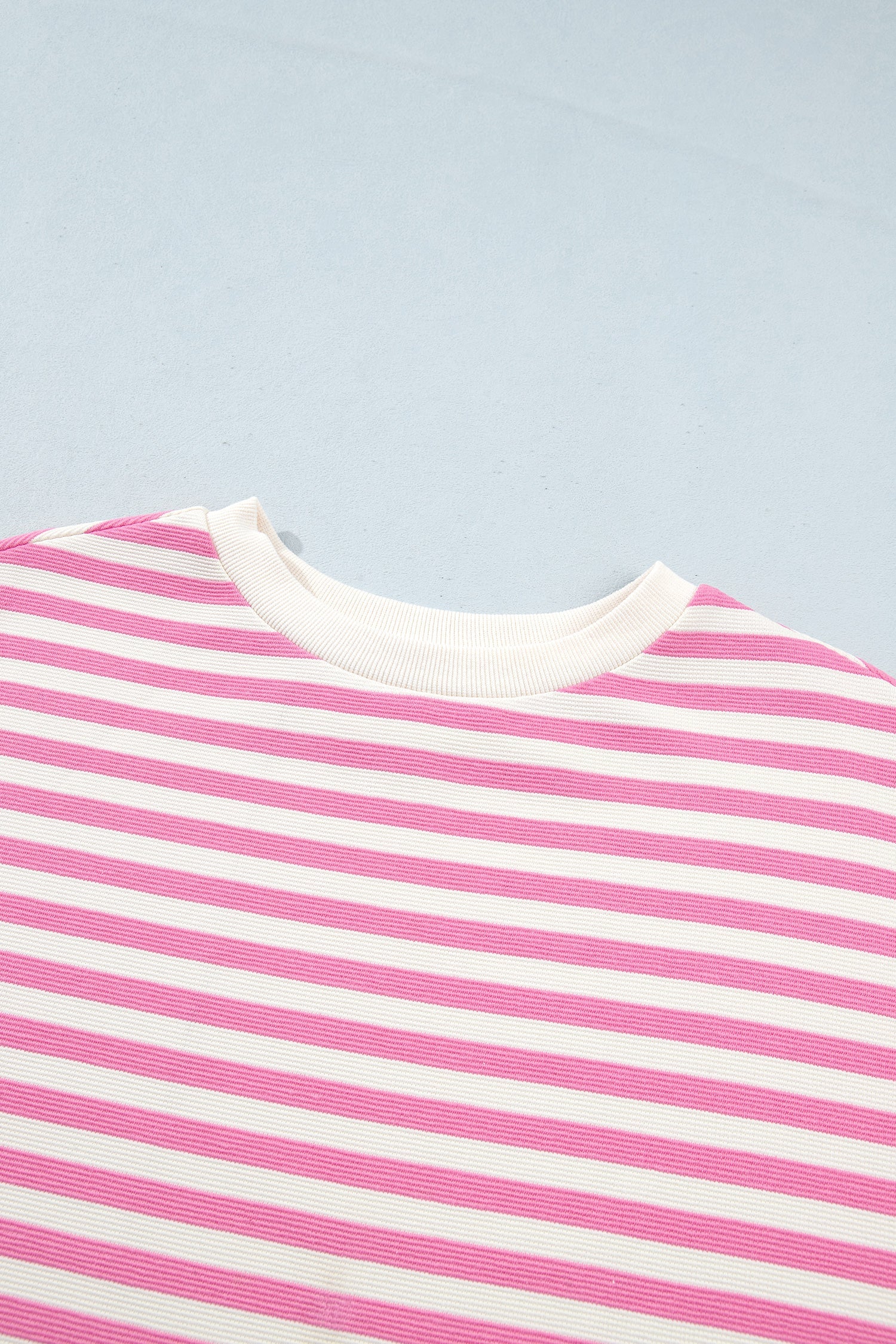Pink Striped Long Sleeve Crew Neck Drawstring Waist Shorts Set