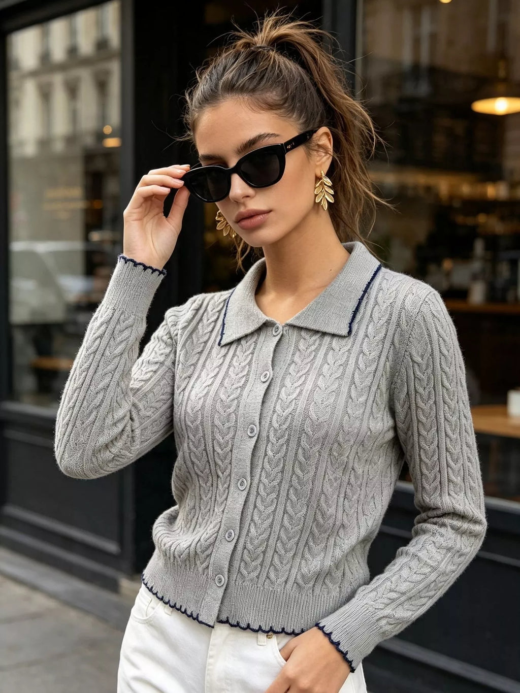 Cable Knit Polo Collar Button-Up Cardigan